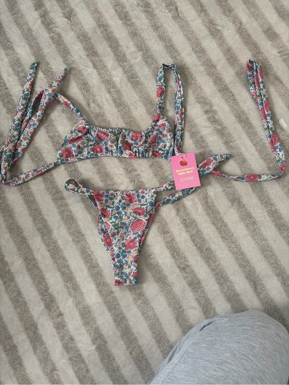 Strawberry Milk Mob Floral Tie-String Bikini in Rose, Blue & Green
